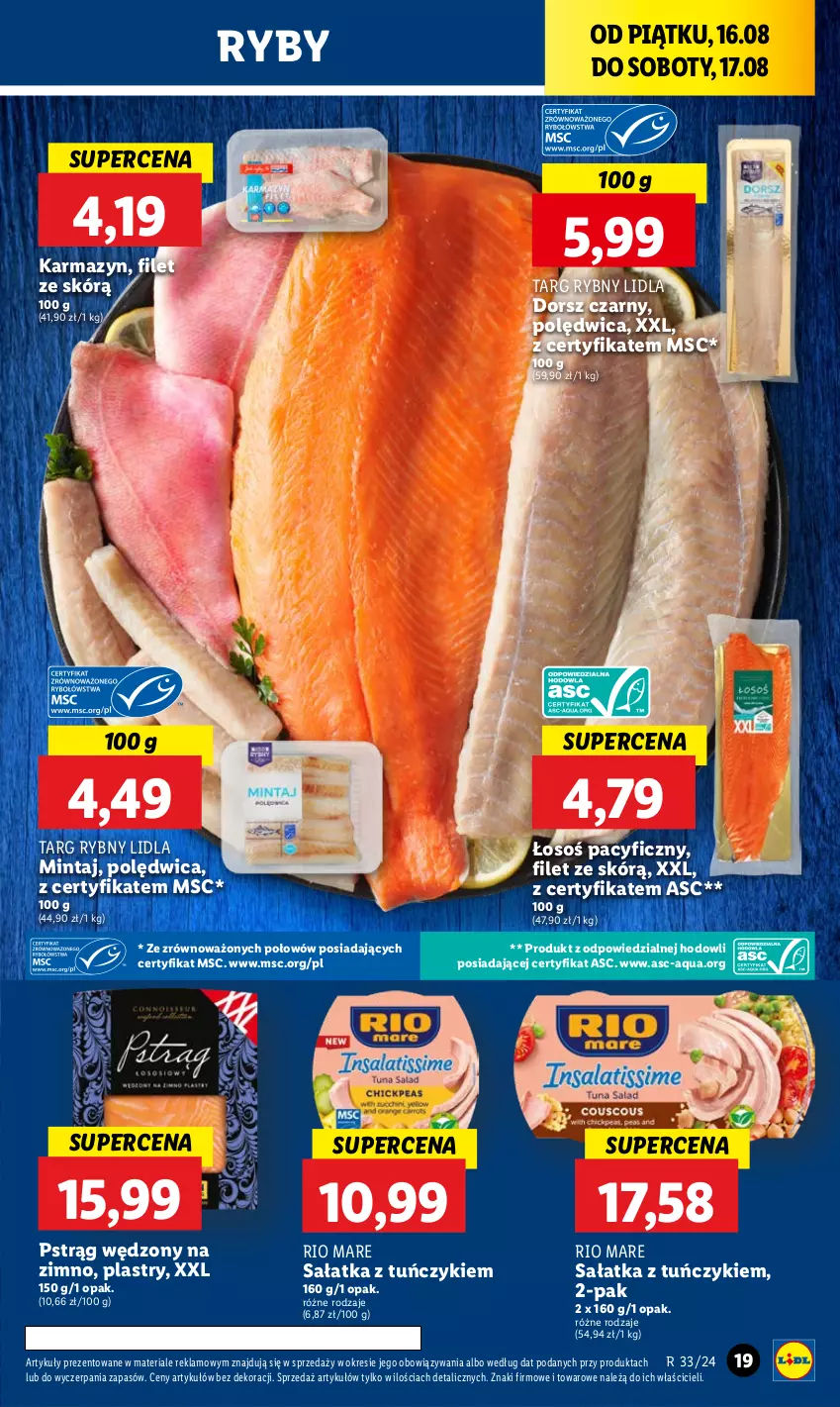 Gazetka promocyjna Lidl - GAZETKA - ważna 16.08 do 17.08.2024 - strona 23 - produkty: Dorsz, Mintaj, Polędwica, Pstrąg, Pstrąg wędzony, Rio Mare, Sałat, Sałatka, Tuńczyk