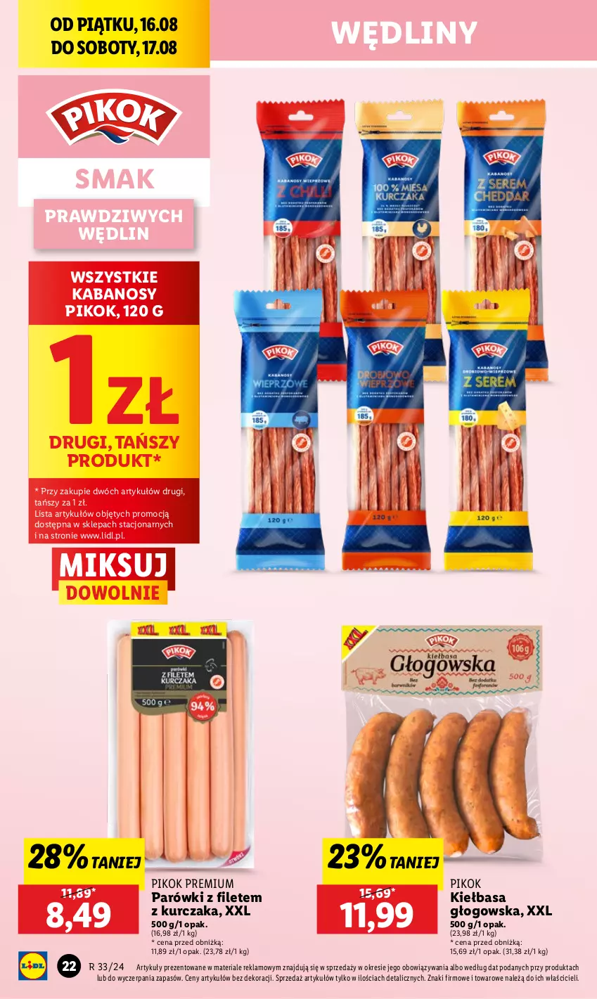 Gazetka promocyjna Lidl - GAZETKA - ważna 16.08 do 17.08.2024 - strona 26 - produkty: Kabanos, Kiełbasa, Kiełbasa głogowska, Kurczak, Parówki, PIKOK