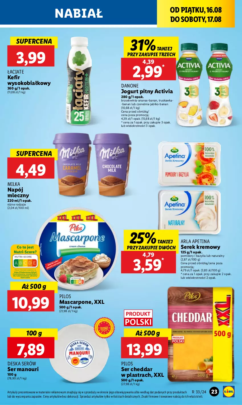 Gazetka promocyjna Lidl - GAZETKA - ważna 16.08 do 17.08.2024 - strona 27 - produkty: Activia, Ananas, Bazyl, Bazylia, Cheddar, Danone, Deska serów, Jogurt, Jogurt pitny, Kefir, Mascarpone, Milka, Napój, Napój mleczny, Pilos, Pomidory, Ser, Serek, Sok