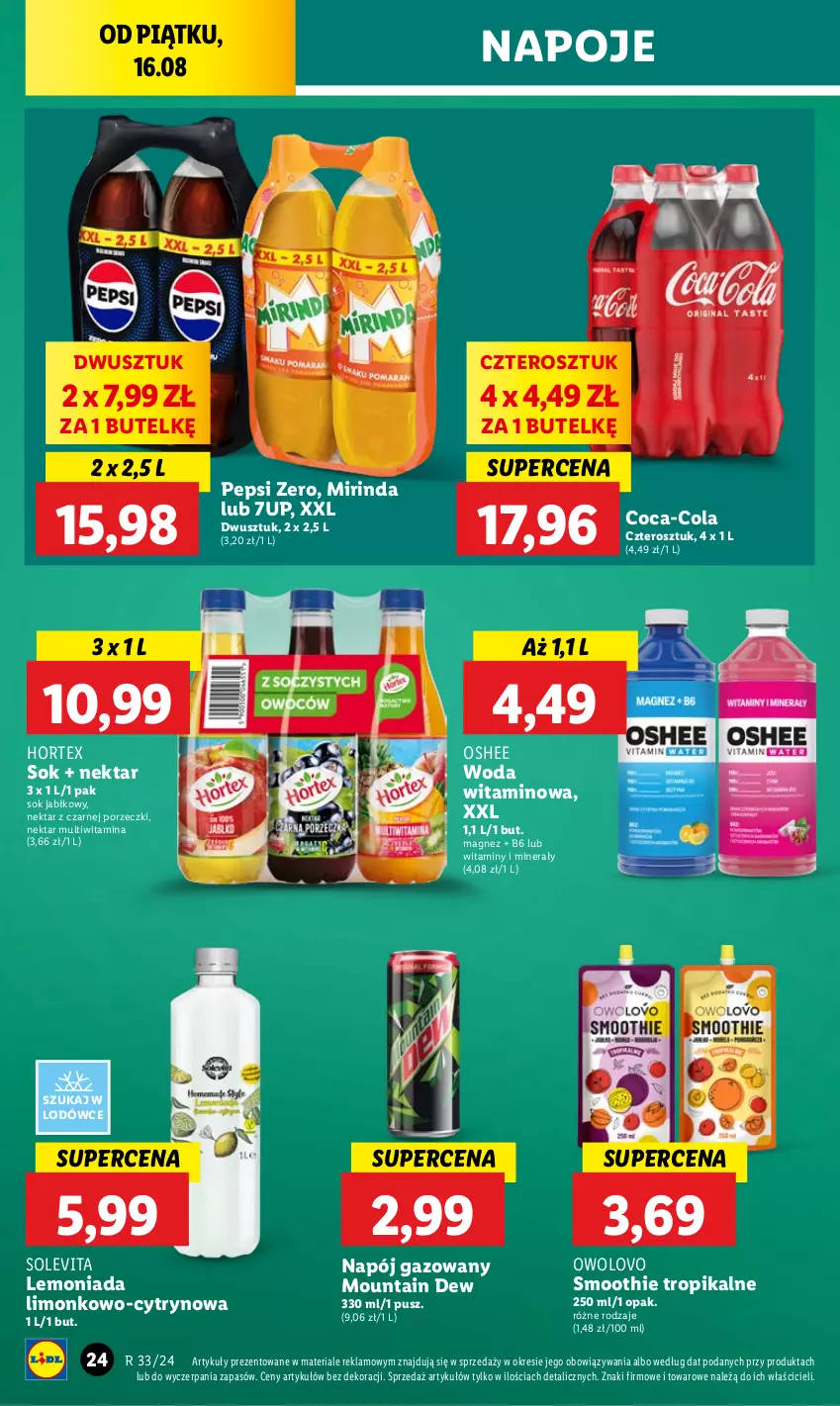 Gazetka promocyjna Lidl - GAZETKA - ważna 16.08 do 17.08.2024 - strona 28 - produkty: 7up, Coca-Cola, Hortex, Lemoniada, Magnez, Mirinda, Napój, Napój gazowany, Napoje, Nektar, Oshee, Pepsi, Por, Smoothie, Sok, Sok jabłkowy, Woda