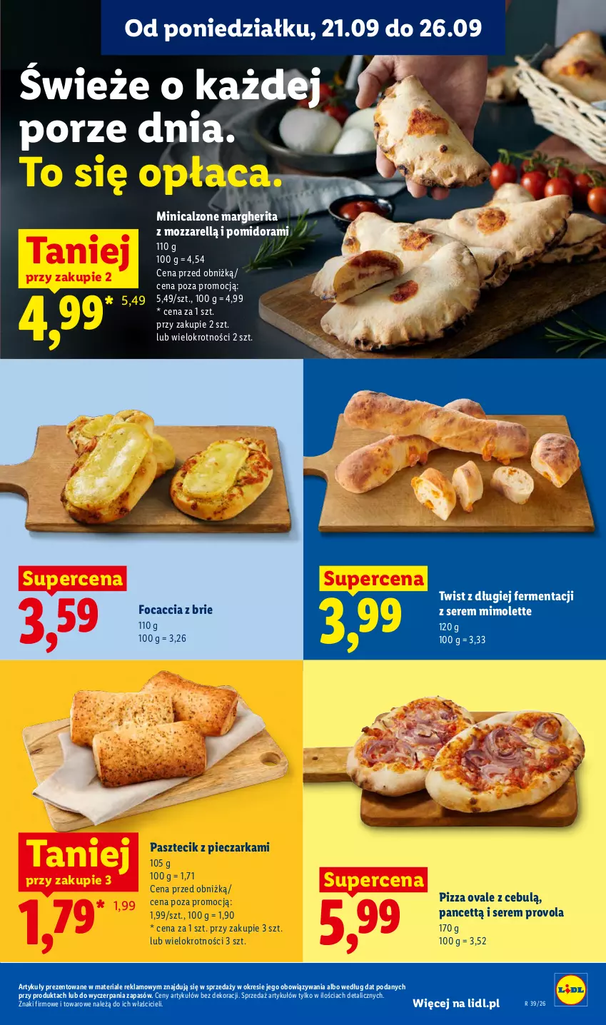 Gazetka promocyjna Lidl - Gazetka ważna od 21.09. do 23.09 - ważna 21.09 do 23.09.2026 - strona 49 - produkty: Brie, Focaccia, Mimolette, Pasztecik z pieczarkami, Piec, Pieczarka, Pizza, Por, Ser
