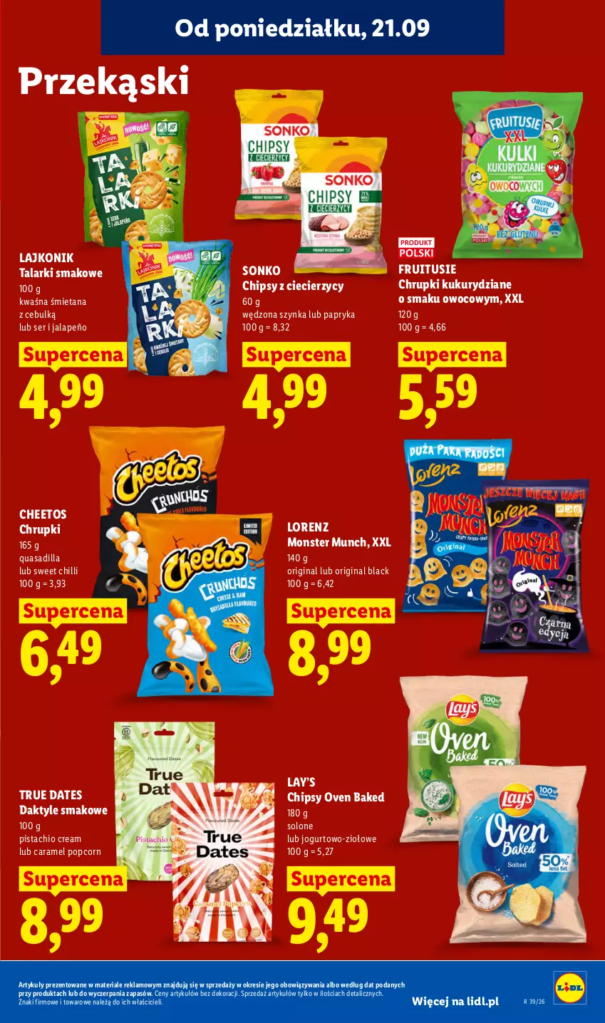 Gazetka promocyjna Lidl - Gazetka ważna od 21.09. do 23.09 - ważna 21.09 do 23.09.2026 - strona 83 - produkty: Cheetos, Chipsy, Chrupki, Daktyle, Gin, Jogurt, Lack, Lajkonik, Lay’s, Lorenz, Monster Munch, Papryka, Popcorn, Ser, Sonko, Szynka