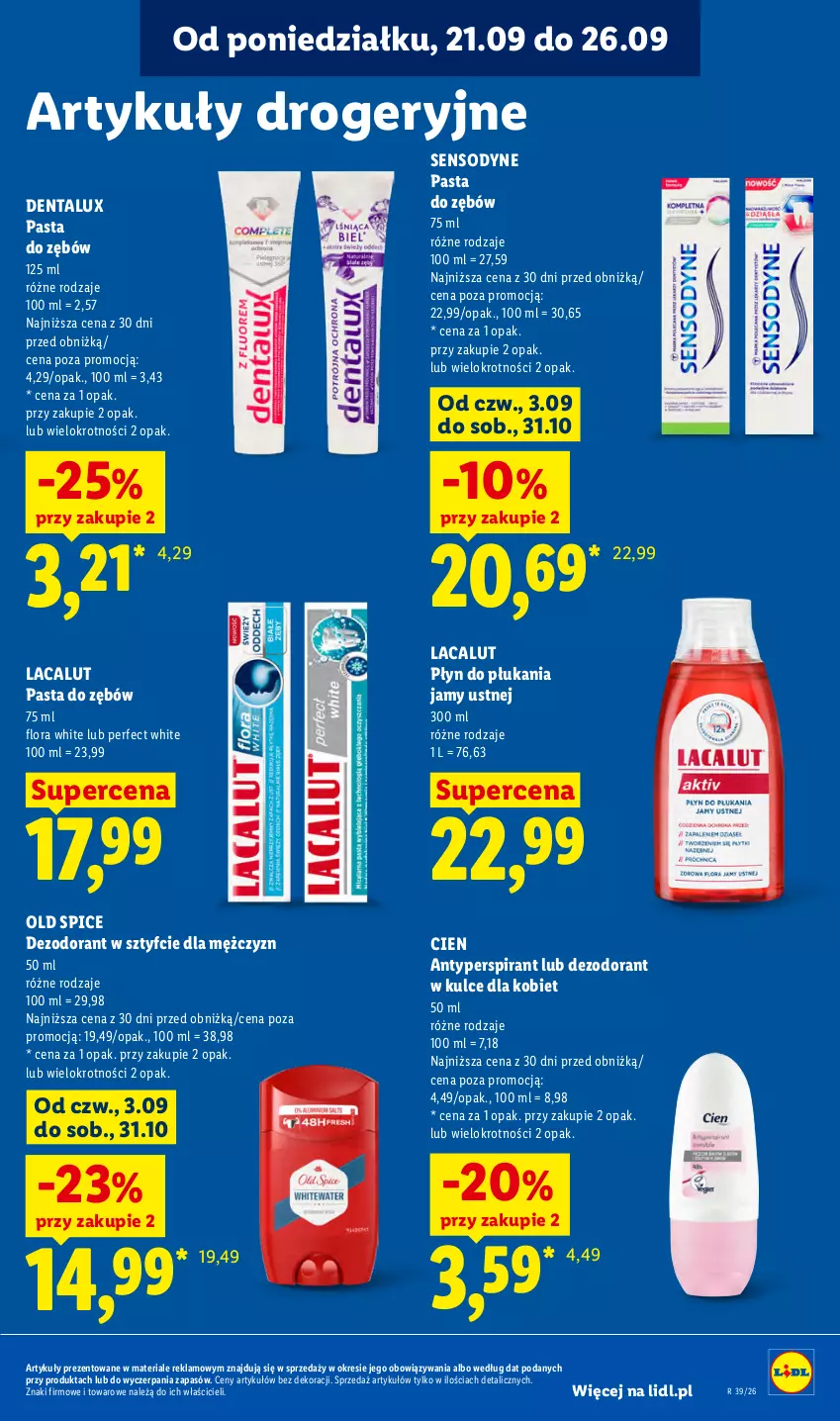 Gazetka promocyjna Lidl - Gazetka ważna od 21.09. do 23.09 - ważna 21.09 do 23.09.2026 - strona 95 - produkty: Antyperspirant, Dezodorant, Flora, Lacalut, Old Spice, Pasta do zębów, Płyn do płukania, Płyn do płukania jamy ustnej, Sensodyne