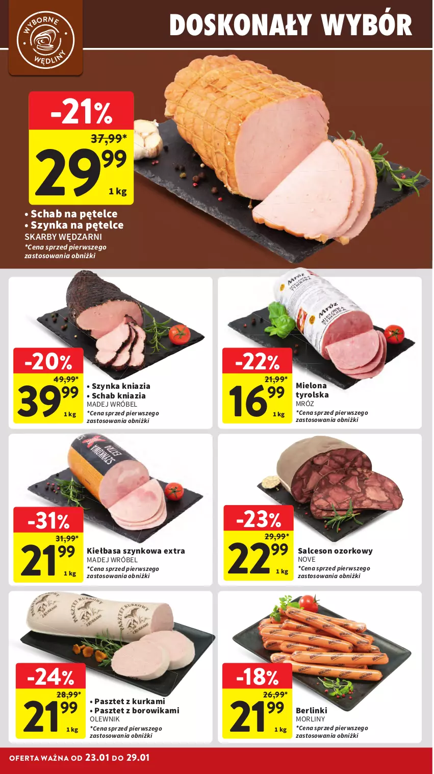 Gazetka promocyjna Intermarche - Gazetka Intermarche - ważna 23.01 do 29.01.2025 - strona 12 - produkty: Berlinki, Kiełbasa, Kiełbasa szynkowa, Madej Wróbel, Morliny, Olewnik, Pasztet, Salceson, Szynka