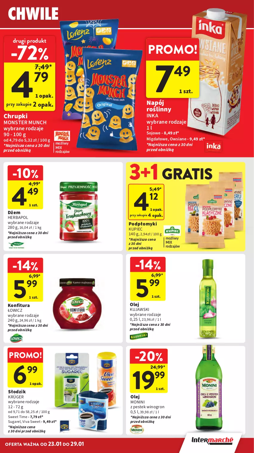 Gazetka promocyjna Intermarche - Gazetka Intermarche - ważna 23.01 do 29.01.2025 - strona 23 - produkty: Chrupki, Dżem, Gra, Herbapol, Inka, Konfitura, Kujawski, Kupiec, Monini, Monster Munch, Napój, Napój roślinny, Olej, Piec, Stek, Wino