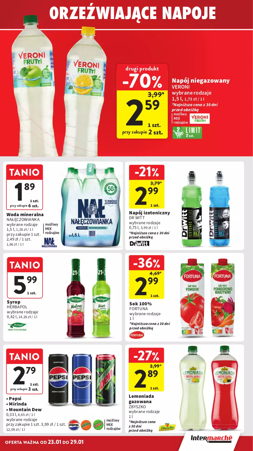 Gazetka promocyjna Intermarche - Gazetka Intermarche - ważna 23.01 do 29.01.2025 - strona 27 - produkty: Fortuna, Herbapol, Lemoniada, Mirinda, Nałęczowianka, Napój, Napój izotoniczny, Napój niegazowany, Napoje, Pepsi, Sok, Syrop, Woda, Woda mineralna