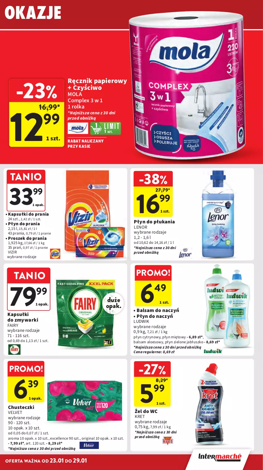 Gazetka promocyjna Intermarche - Gazetka Intermarche - ważna 23.01 do 29.01.2025 - strona 31 - produkty: Chusteczki, Fa, Fairy, Gin, Kapsułki do prania, Kret, Lenor, Ludwik, Mola, Papier, Płyn do płukania, Płyn do prania, Proszek do prania, Ręcznik, Velvet, Vizir, Zmywarki