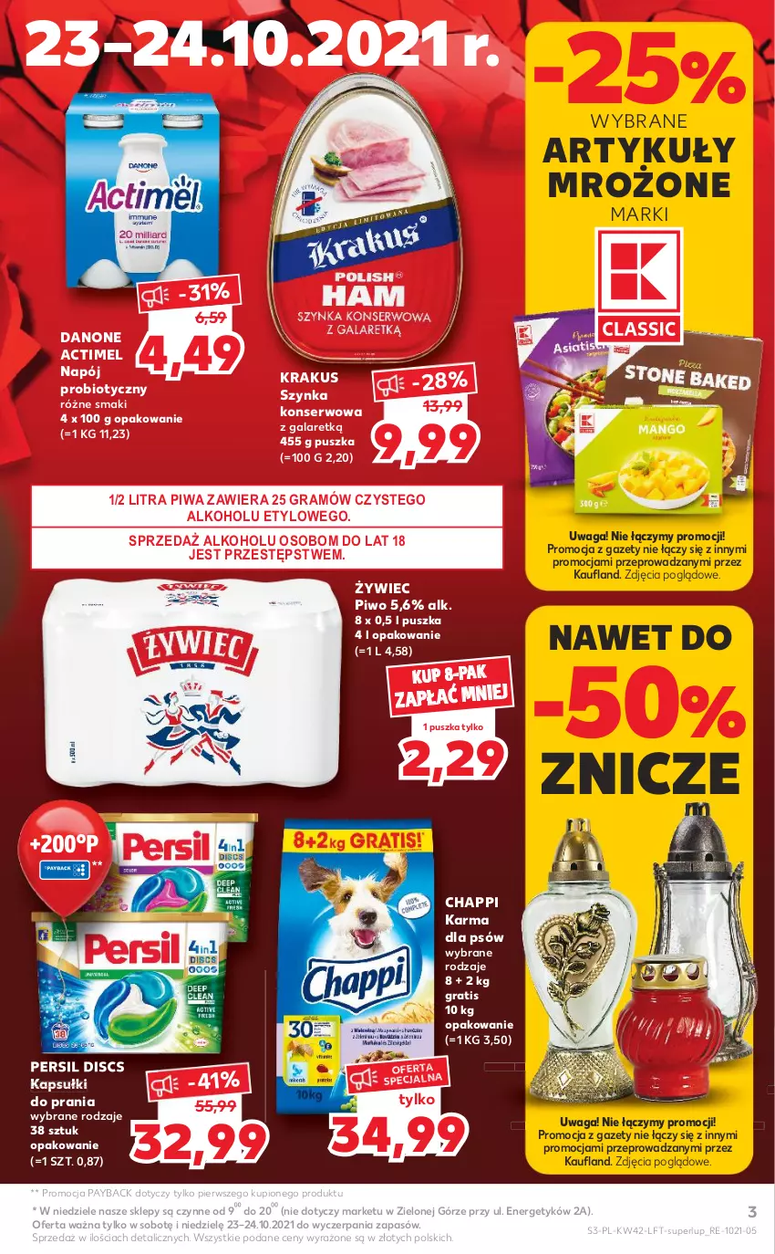 Gazetka promocyjna Kaufland - OFERTA TYGODNIA - ważna 21.10 do 27.10.2021 - strona 3 - produkty: Actimel, Chappi, Danone, Gala, Gra, Kapsułki do prania, Krakus, Napój, Persil, Piwa, Piwo, Ser, Szynka, Szynka konserwowa, Waga, Znicz