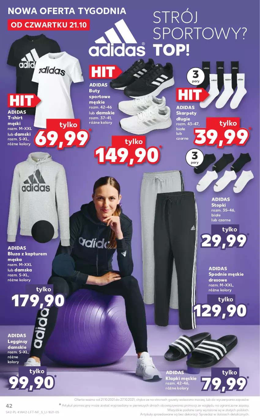 Gazetka promocyjna Kaufland - OFERTA TYGODNIA - ważna 21.10 do 27.10.2021 - strona 42 - produkty: Adidas, Bluza, Bluza z kapturem, Buty, Dres, Gin, Gra, Karp, Klapki, Legginsy, Por, Spodnie, Sport, T-shirt, Top