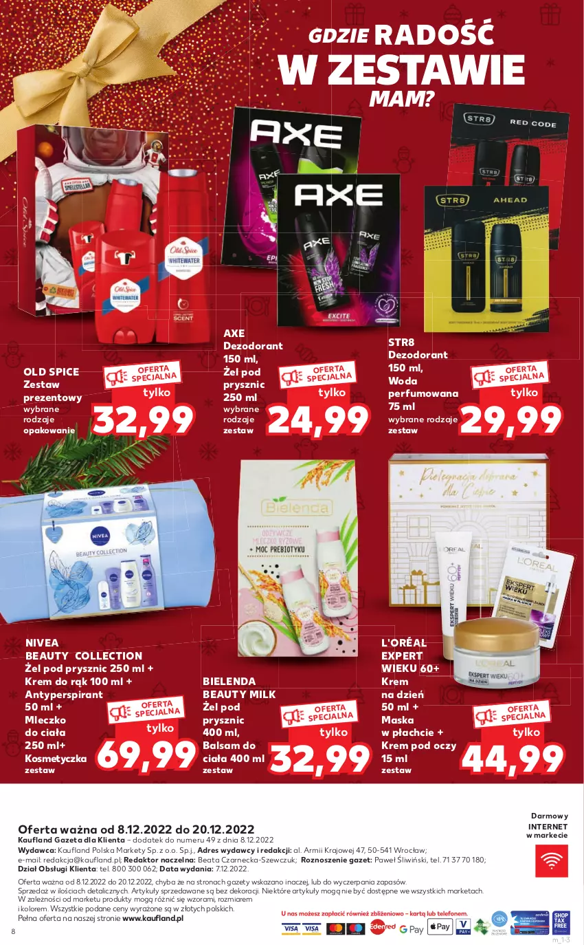 Gazetka promocyjna Kaufland - ULOTKA DANONE - ważna 08.12 do 20.12.2022 - strona 8 - produkty: Antyperspirant, Balsam do ciała, Bielenda, Dezodorant, Dres, Kosmetyczka, Krem do rąk, Krem na dzień, Krem pod oczy, Maska, Maska w płachcie, Mleczko, Nivea, Old Spice, Perfum, Str8, Woda, Woda perfumowana, Zestaw prezentowy