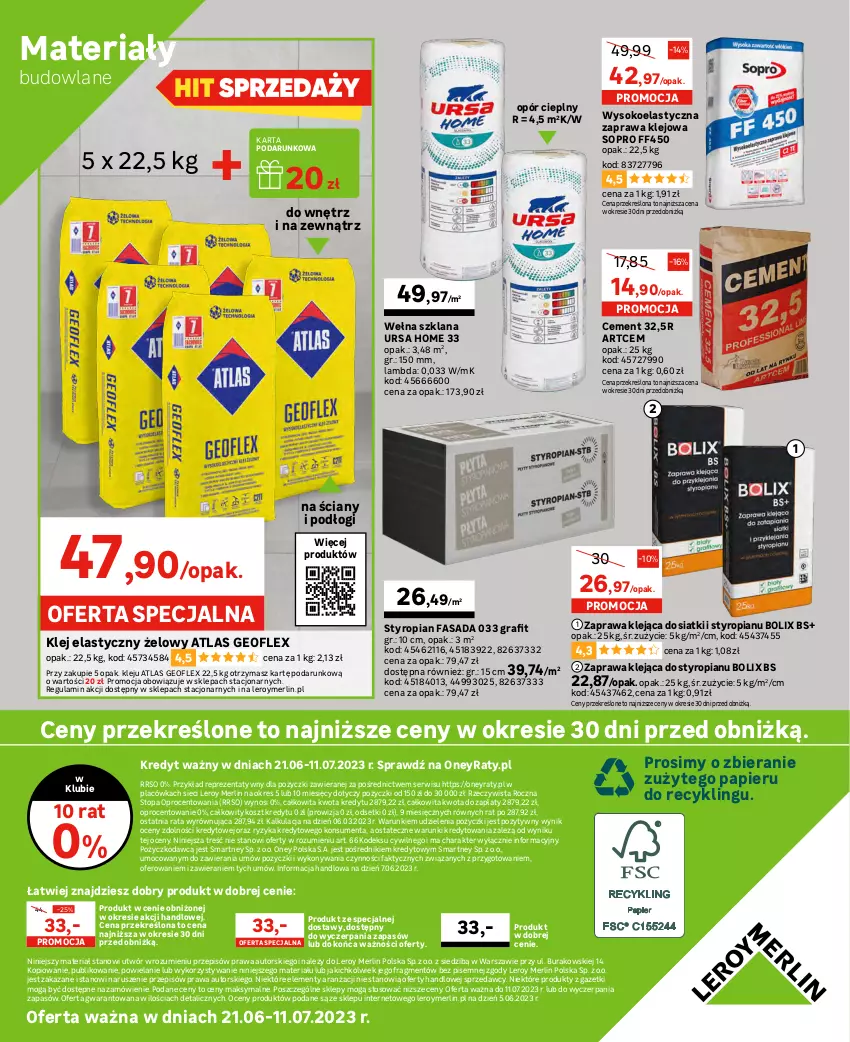 Gazetka promocyjna Leroy Merlin - Gazetka Leroy Merlin - ważna 21.06 do 11.07.2023 - strona 24 - produkty: Cement, Fa, Geoflex, Gra, Klej, Klej elastyczny, Kosz, LANA, Papier, Ser, Sok, Sprzedawcy, Top, Wełna, Wełna szklana, Zaprawa klejowa