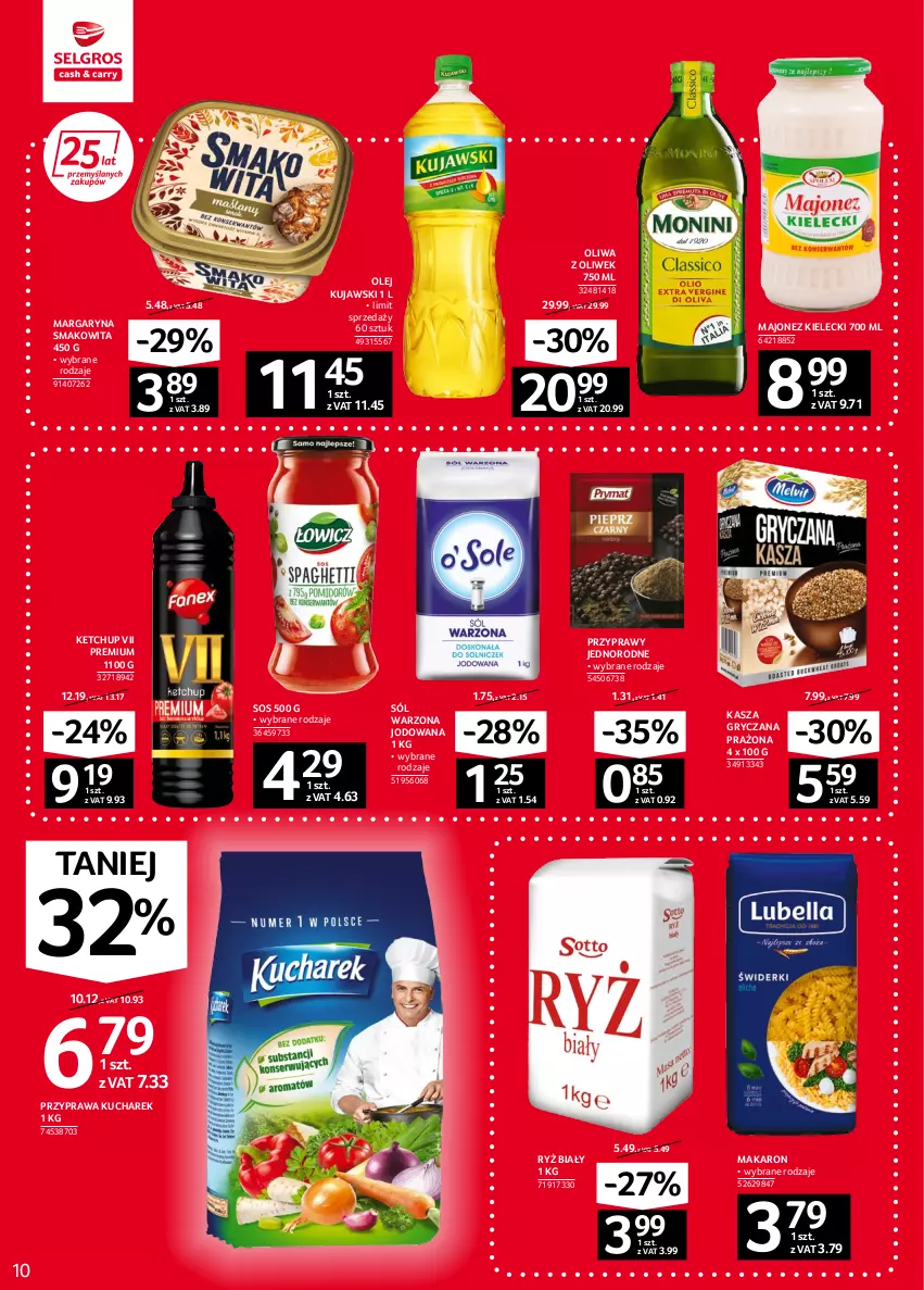 Gazetka promocyjna Selgros - Oferta spożywcza - ważna 08.09 do 21.09.2022 - strona 10 - produkty: Gry, Kasza, Kasza gryczana, Ketchup, Kucharek, Kujawski, Majonez, Makaron, Margaryna, Olej, Oliwa z oliwek, Przyprawy, Ryż, Ryż biały, Smakowita, Sól, Sos