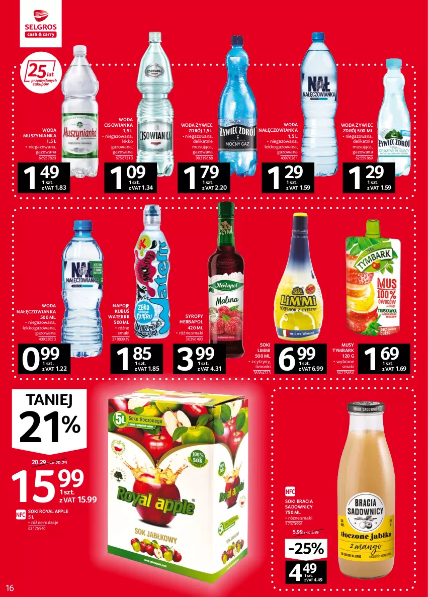 Gazetka promocyjna Selgros - Oferta spożywcza - ważna 08.09 do 21.09.2022 - strona 16 - produkty: Cisowianka, Cytryny, Herbapol, Kubuś, Kubuś Waterrr, Mus, Muszynianka, Nałęczowianka, Napoje, Sok, Syrop, Syropy, Tymbark, Woda