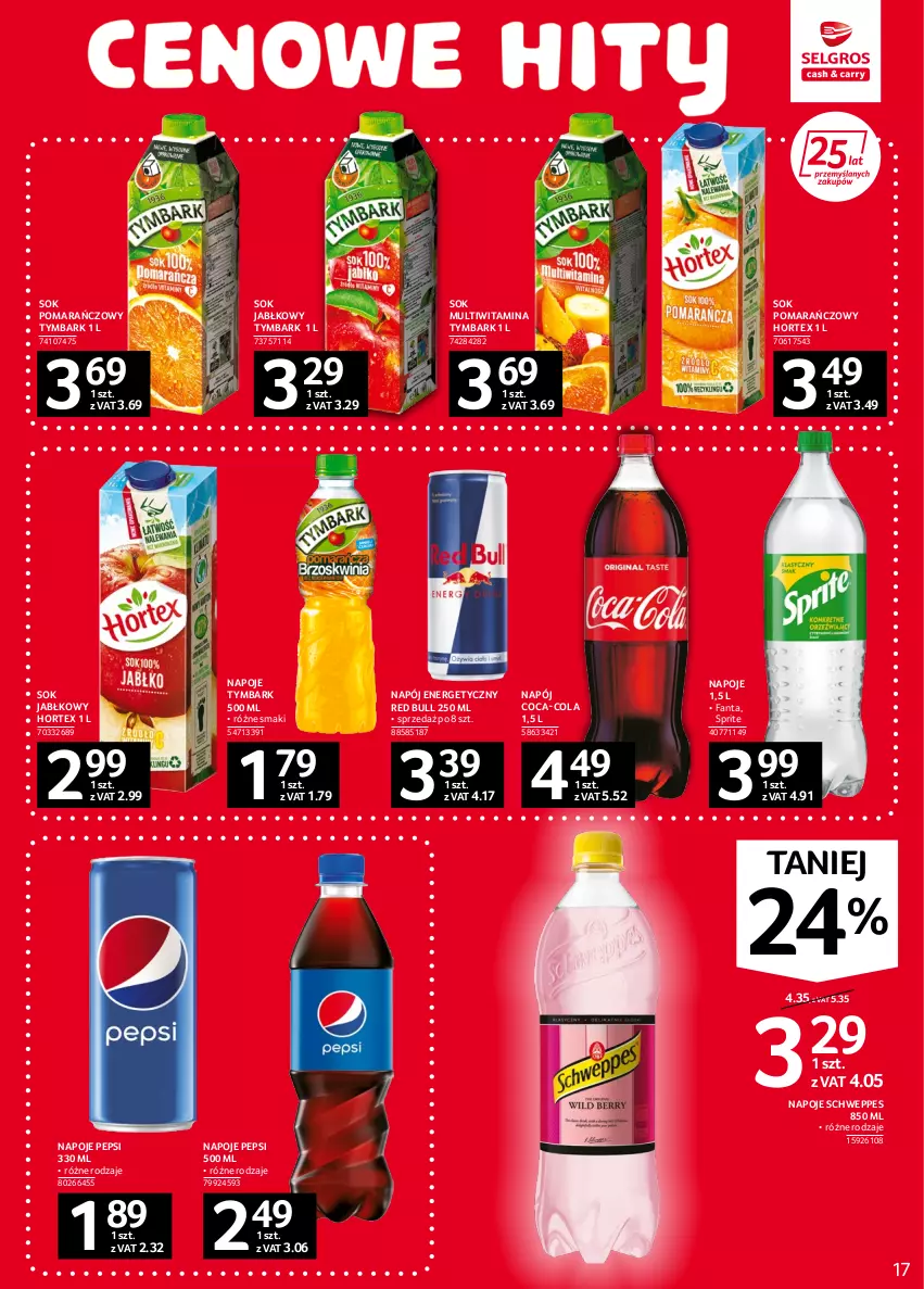 Gazetka promocyjna Selgros - Oferta spożywcza - ważna 08.09 do 21.09.2022 - strona 17 - produkty: Coca-Cola, Fa, Fanta, Hortex, Napój, Napój energetyczny, Napoje, Pepsi, Red Bull, Schweppes, Sok, Sok jabłkowy, Sok pomarańczowy, Sprite, Tymbark