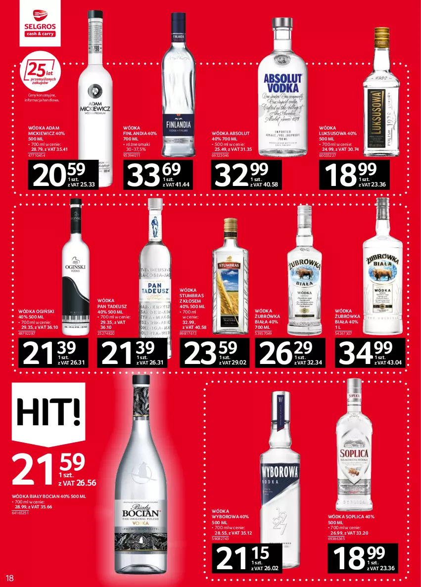 Gazetka promocyjna Selgros - Oferta spożywcza - ważna 08.09 do 21.09.2022 - strona 18 - produkty: Absolut, Biały Bocian, Finlandia, Ogiński, Soplica, Wódka, Wyborowa