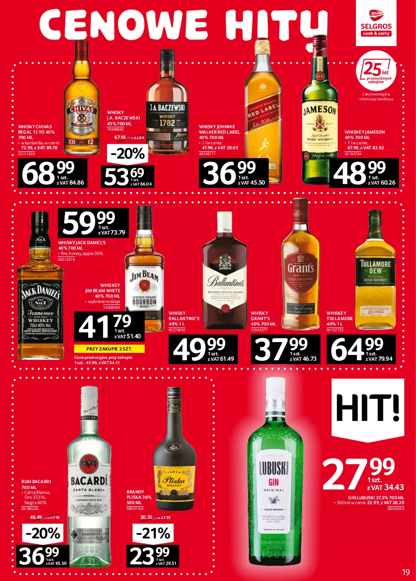 Gazetka promocyjna Selgros - Oferta spożywcza - ważna 08.09 do 21.09.2022 - strona 19 - produkty: Bacardi, Brandy, Gin, Gra, Jameson, Jim Beam, Johnnie Walker, Pliska, Rum, Tonik, Whiskey, Whisky