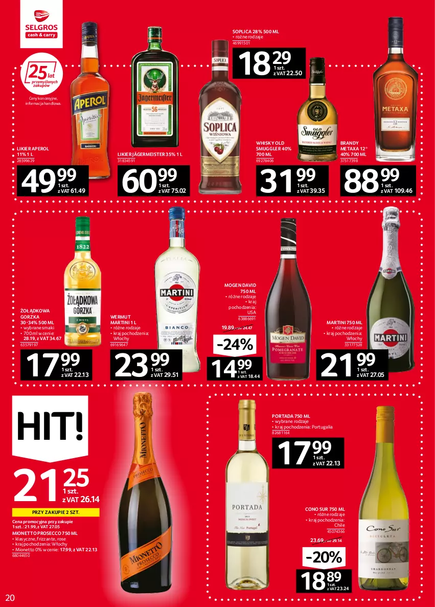 Gazetka promocyjna Selgros - Oferta spożywcza - ważna 08.09 do 21.09.2022 - strona 20 - produkty: Aperol, Brandy, Likier, Martini, Metaxa, Mionetto, Mogen David, Por, Portada, Prosecco, Soplica, Whisky