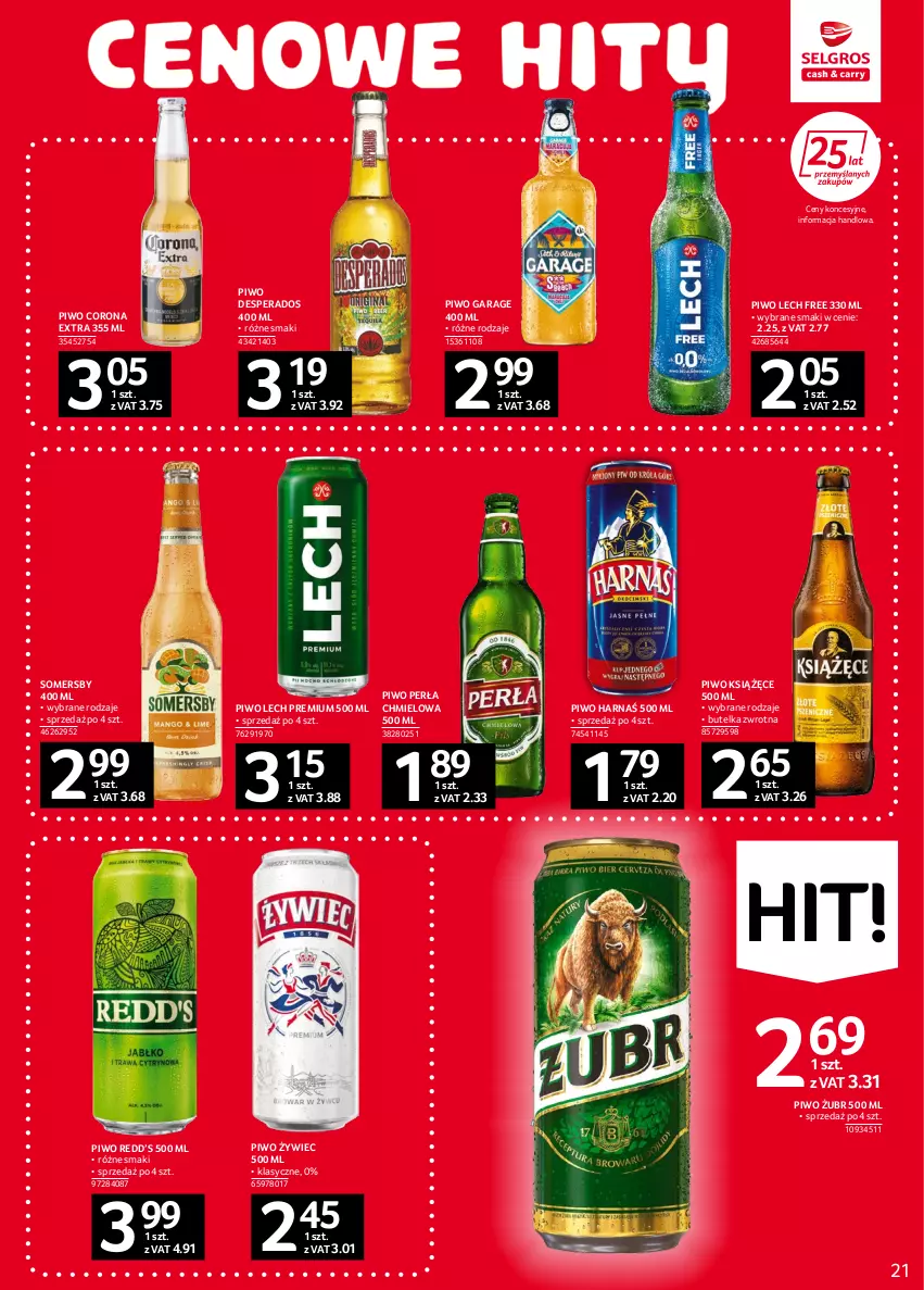 Gazetka promocyjna Selgros - Oferta spożywcza - ważna 08.09 do 21.09.2022 - strona 21 - produkty: Corona Extra, Desperados, Harnaś, Książęce, Lech Premium, Perła, Piwo, Somersby