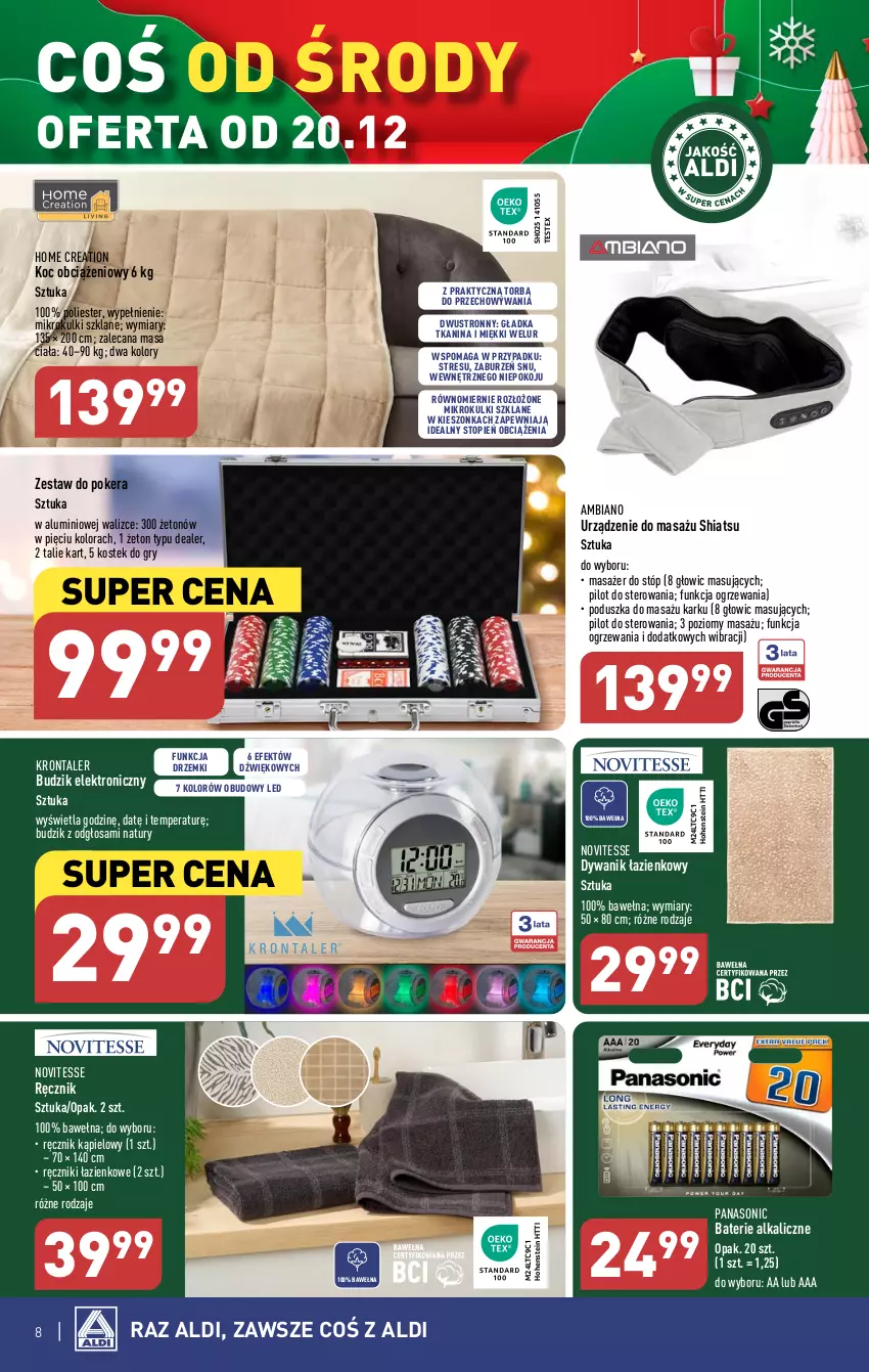 Gazetka promocyjna Aldi - Artykuły przemysłowe i tekstylia - ważna 20.12 do 23.12.2023 - strona 8 - produkty: Baterie alkaliczne, Budzik, Dywan, Dywanik, Dywanik łazienkowy, Gry, Koc, Masażer, Panasonic, Poduszka, Ręcznik, Ręcznik kąpielowy, Stek, Top, Wełna