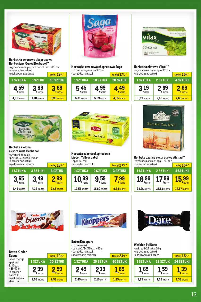 Gazetka promocyjna Makro - Kupujesz więcej płacisz mniej - ważna 23.01 do 19.02.2024 - strona 13 - produkty: Baton, Herbapol, Herbata, Herbata czarna, Kinder, Kinder Bueno, Knoppers, Lipton, Ogród, Saga, Vitax, Wafelek