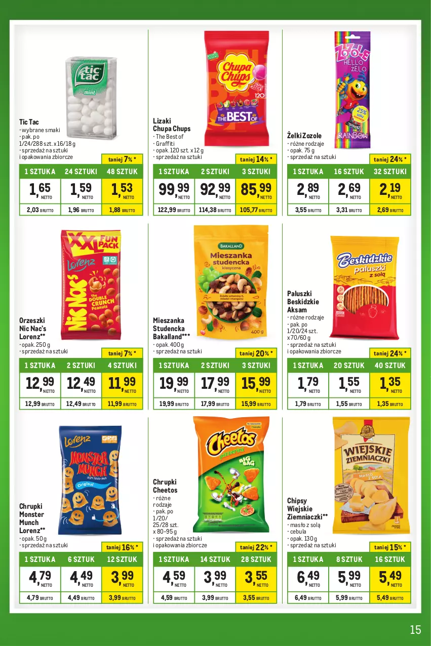 Gazetka promocyjna Makro - Kupujesz więcej płacisz mniej - ważna 23.01 do 19.02.2024 - strona 15 - produkty: Aksam, Bakalland, Beskidzki, Cebula, Cheetos, Chipsy, Chrupki, Chupa Chups, Gra, Lizaki, Lorenz, Masło, Mieszanka studencka, Monster Munch, Orzeszki