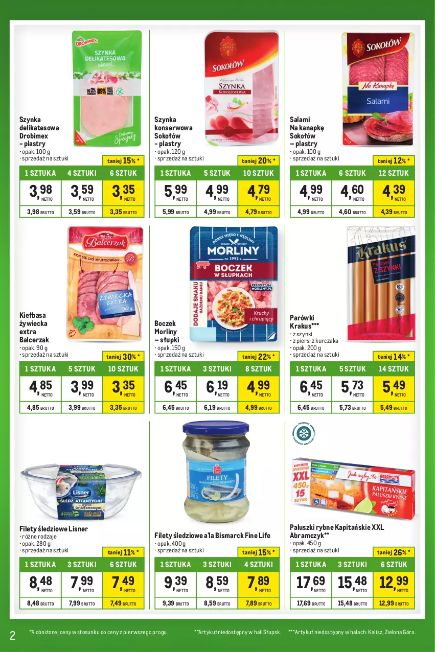 Gazetka promocyjna Makro - Kupujesz więcej płacisz mniej - ważna 23.01 do 19.02.2024 - strona 2 - produkty: Boczek, Drobimex, Kiełbasa, Krakus, Kurczak, Lisner, Morliny, Paluszki rybne, Parówki, Salami, Ser, Sok, Sokołów, Szynka, Szynka delikatesowa, Szynka konserwowa