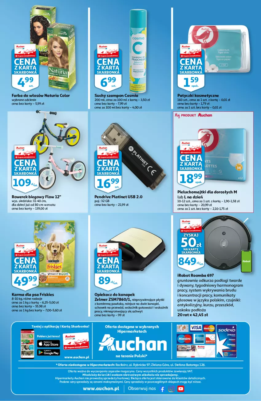 Gazetka promocyjna Auchan - Skarbonka #14 - ważna 07.04 do 16.04.2022 - strona 4 - produkty: Dywan, Dzieci, Fa, Farba do włosów, Friskies, Gra, Grunt, IRobot, Majtki, Opiekacz do kanapek, Patyczki kosmetyczne, Pendrive, Pieluchomajtki, PLATINET, Przewód, Robot, Roomba, Rower, Rowerek, Suchy szampon, Szampon, Zelmer