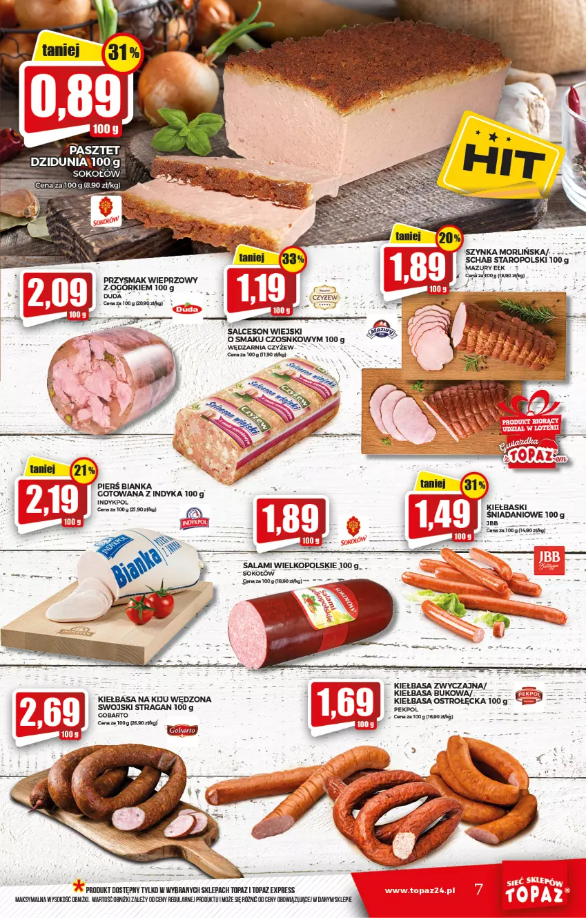 Gazetka promocyjna Topaz - Gazetka - ważna 13.01 do 19.01.2022 - strona 7 - produkty: Bianka, Danio, Duda, Kiełbasa, Salceson, Sok, Sokołów, Szynka, Top