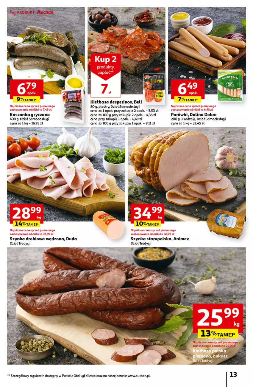 Gazetka promocyjna Auchan - Gazetka Tanie Zakupy Hipermarket Auchan - ważna 27.07 do 02.08.2023 - strona 13 - produkty: Bell, Duda, Gry, Kasza, Kaszanka, Kiełbasa, Parówki, Szynka