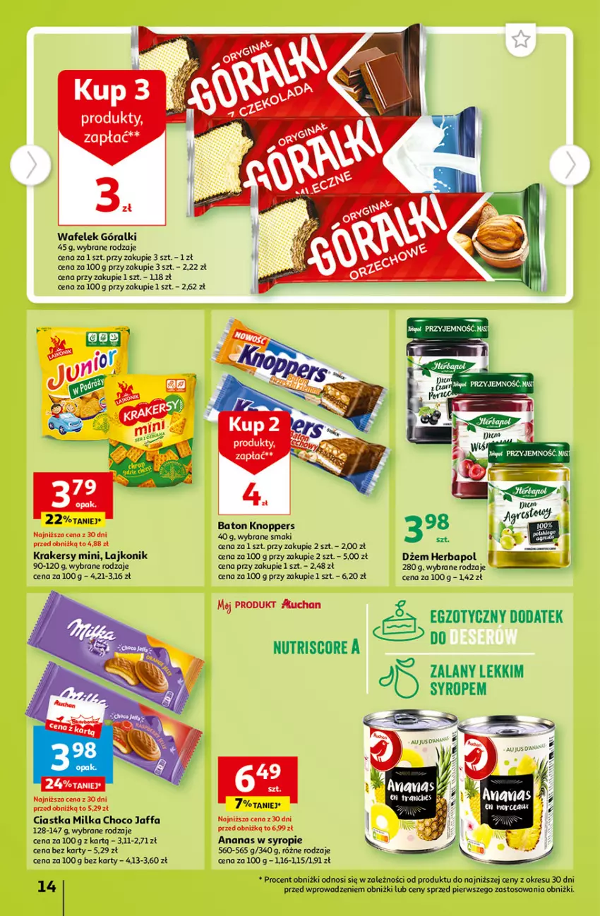 Gazetka promocyjna Auchan - Gazetka Tanie Zakupy Hipermarket Auchan - ważna 27.07 do 02.08.2023 - strona 14 - produkty: Ananas, Baton, Ciastka, Dżem, Fa, Góralki, Herbapol, Knoppers, Krakersy, Lajkonik, Milka, Syrop, Wafelek