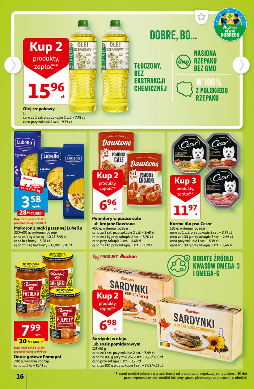 Gazetka promocyjna Auchan - Gazetka Tanie Zakupy Hipermarket Auchan - ważna 27.07 do 02.08.2023 - strona 16 - produkty: Bell, Bella, Danie gotowe, Dawtona, Lubella, Makaron, Olej, Olej rzepakowy, Omega-3, Pomidory, Pomidory krojone, Ryż, Sardynki, Sos