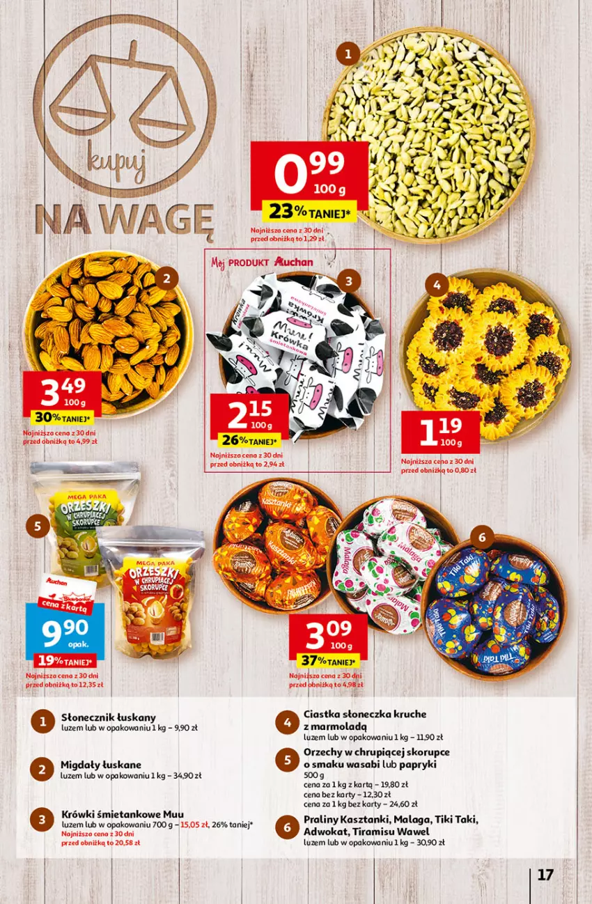 Gazetka promocyjna Auchan - Gazetka Tanie Zakupy Hipermarket Auchan - ważna 27.07 do 02.08.2023 - strona 17 - produkty: Ciastka, Migdały, Migdały łuskane, Mola, Praliny, Wasa, Wawel