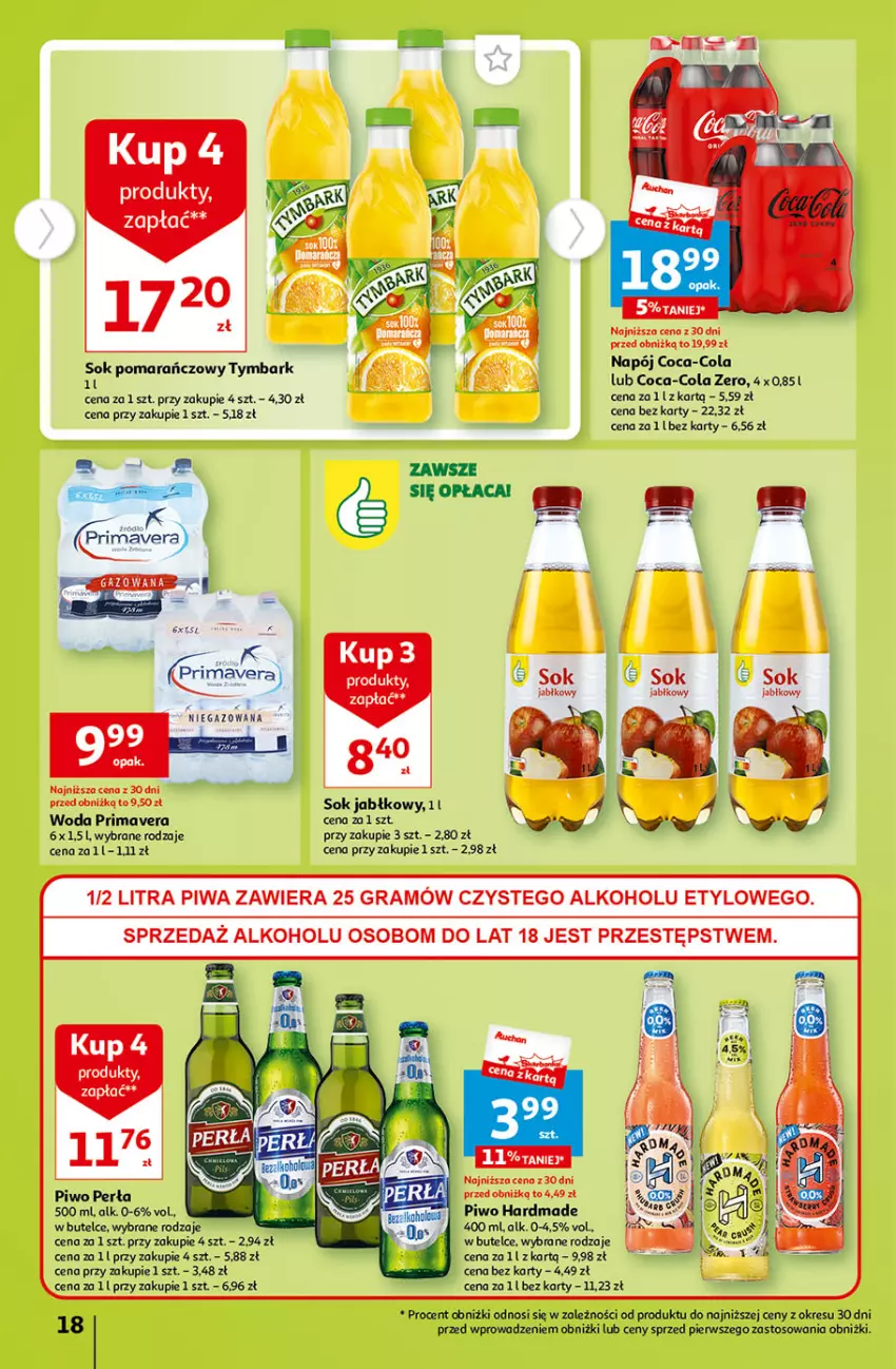 Gazetka promocyjna Auchan - Gazetka Tanie Zakupy Hipermarket Auchan - ważna 27.07 do 02.08.2023 - strona 18 - produkty: Coca-Cola, Gra, Napój, Perła, Piwa, Piwo, Prima, Primavera, Sok, Sok jabłkowy, Sok pomarańczowy, Tymbark, Woda