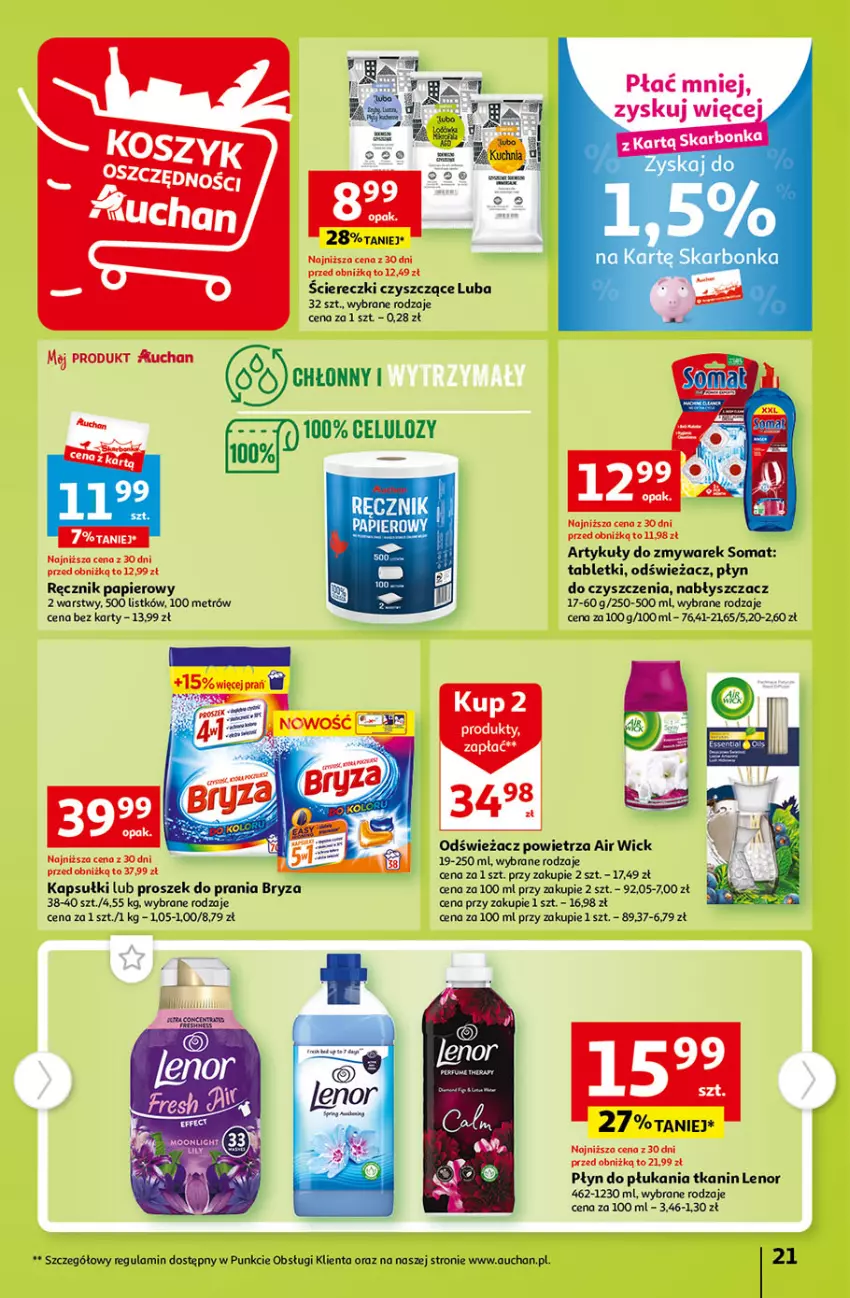 Gazetka promocyjna Auchan - Gazetka Tanie Zakupy Hipermarket Auchan - ważna 27.07 do 02.08.2023 - strona 21 - produkty: Air Wick, Bryza, Lenor, Odświeżacz powietrza, Papier, Płyn do płukania, Proszek do prania, Ręcznik, Somat, Tablet