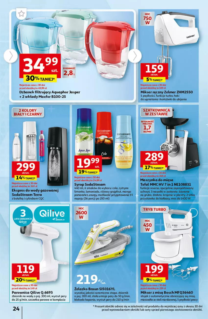 Gazetka promocyjna Auchan - Gazetka Tanie Zakupy Hipermarket Auchan - ważna 27.07 do 02.08.2023 - strona 24 - produkty: Aquaphor, Bosch, Braun, Dzbanek, Dzbanek filtrujący, Fa, Grejpfrut, Lemoniada, Limonka, Mango, Maszynka, Mikser, Mikser ręczny, Mikser z misą, Parownica, Por, Ser, Sok, Stojak, Syrop, Szatkownica, Szczotka, Szynka, Tefal, Top, Zelmer