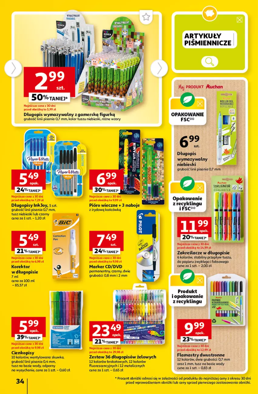 Gazetka promocyjna Auchan - Gazetka Tanie Zakupy Hipermarket Auchan - ważna 27.07 do 02.08.2023 - strona 34 - produkty: BIC, Długopis, Fa, Flamastry, Marker, Papier, Por, Roller, Tusz