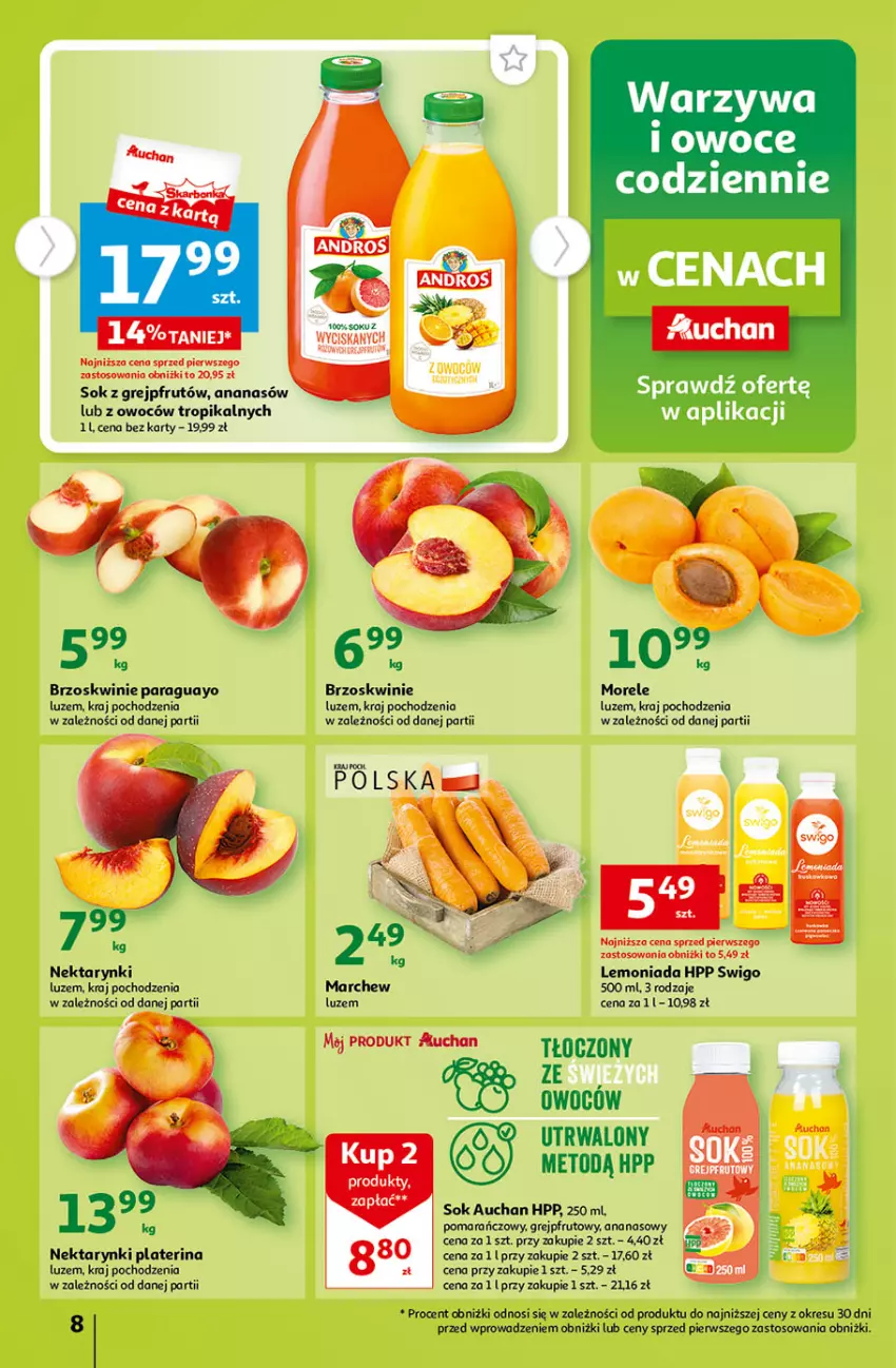 Gazetka promocyjna Auchan - Gazetka Tanie Zakupy Hipermarket Auchan - ważna 27.07 do 02.08.2023 - strona 8 - produkty: Ananas, Brzoskwinie, Grejpfrut, HP, Lemoniada, Nektar, Owoce, Sok, Warzywa, Warzywa i owoce