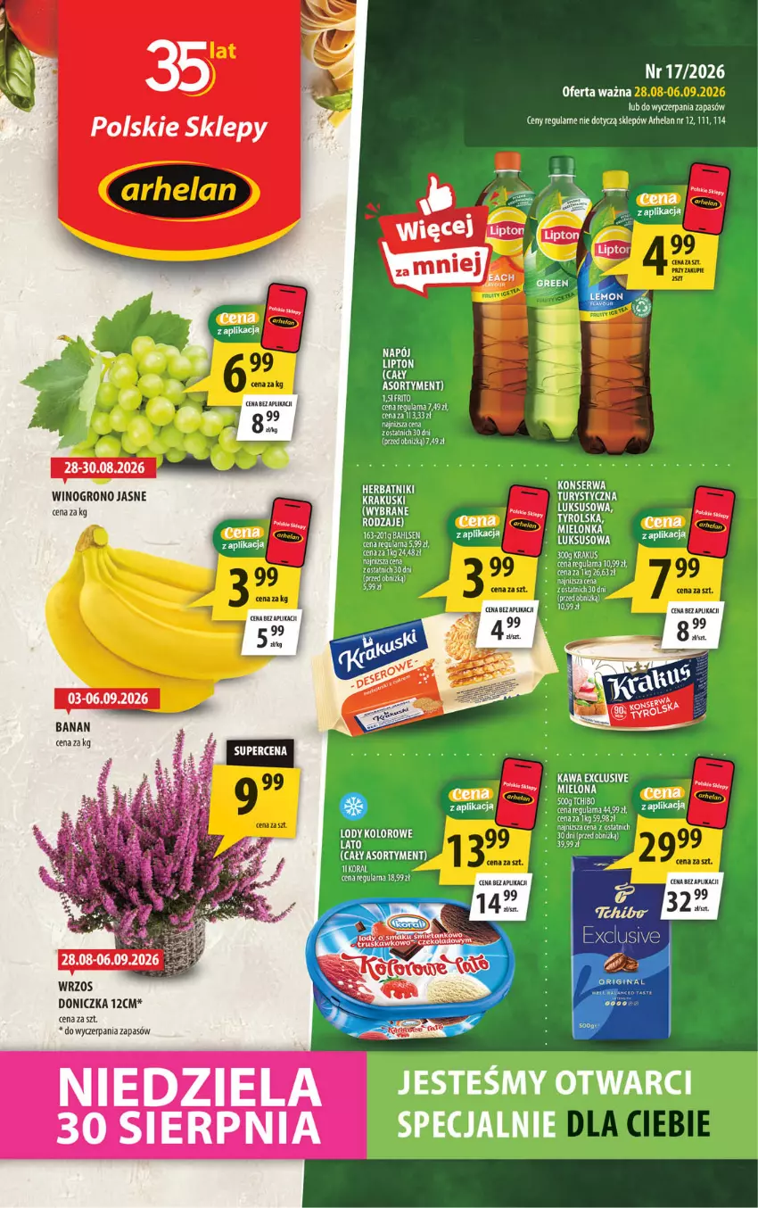 Gazetka promocyjna Arhelan - Gazetka - ważna 28.08 do 06.09.2026 - strona 1 - produkty: Fa, Kawa, Krakus, Krakuski, LG, Lipton, Lody, Wino