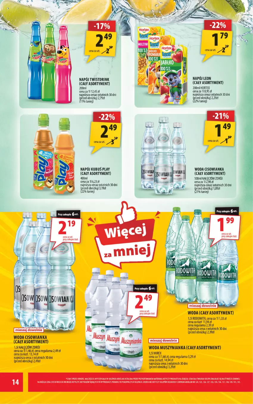 Gazetka promocyjna Arhelan - Gazetka - ważna 28.08 do 06.09.2026 - strona 14 - produkty: Cisowianka, Fa, Hortex, Kubuś, Leon, Mus, Muszynianka, Napój, Rum, Woda