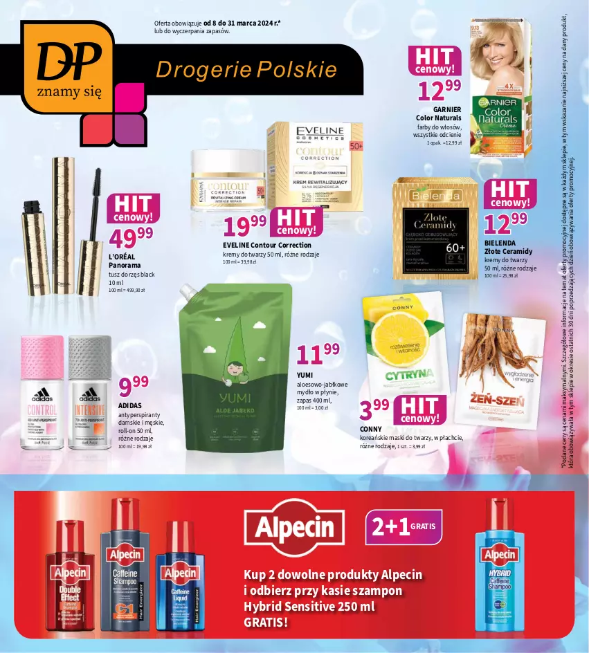 Gazetka promocyjna Drogerie Polskie - Gazetka - ważna 08.03 do 31.03.2024 - strona 1 - produkty: Adidas, Alpecin, Antyperspirant, Bielenda, Eveline, Fa, Garnier, Gra, L’Oréal, Lack, Mydło, Mydło w płynie, Rama, Szampon, Tusz