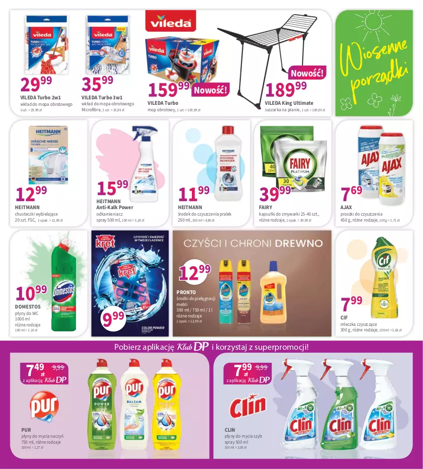 Gazetka promocyjna Drogerie Polskie - Gazetka - ważna 08.03 do 31.03.2024 - strona 7 - produkty: Ajax, Chusteczki, Cif, Clin, Do mycia naczyń, Domestos, Fa, Fairy, Mop, Odkamieniacz, Pronto, Pur, Suszarka, Suszarka na pranie, Vileda, Wkład do mopa, Zmywarki