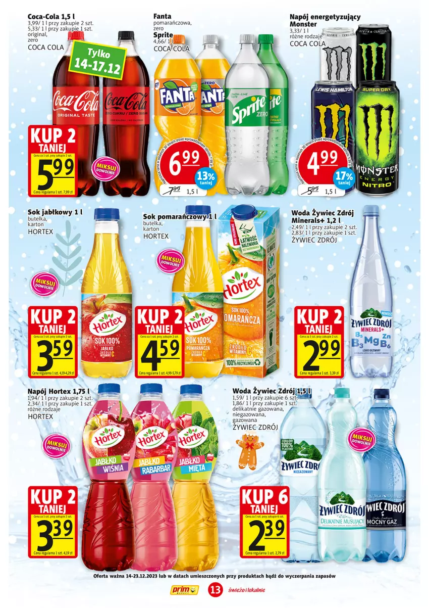 Gazetka promocyjna Prim Market - ważna 14.12 do 23.12.2023 - strona 13 - produkty: BIC, Coca-Cola, Fa, Fanta, Gin, Hortex, Napój, Sok, Sok jabłkowy, Sprite, Woda