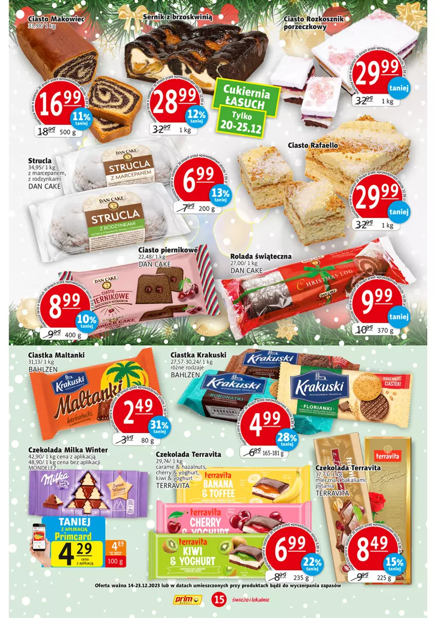 Gazetka promocyjna Prim Market - ważna 14.12 do 23.12.2023 - strona 15 - produkty: Ciastka, Czekolada, Dan Cake, Kiwi, Kosz, Krakus, Krakuski, Miecz, Milka, Por, Rolada, Strucla