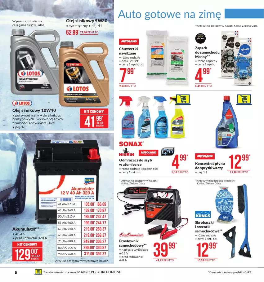 Gazetka promocyjna Makro - [Oferta promocyjna] Artykuły przemysłowe - ważna 26.01 do 08.02.2021 - strona 8 - produkty: Akumulator, Biuro, Chusteczki, Koncentrat płynu do spryskiwaczy, Odmrażacz do szyb, Olej, Olej silnikowy, Prostownik, Sok