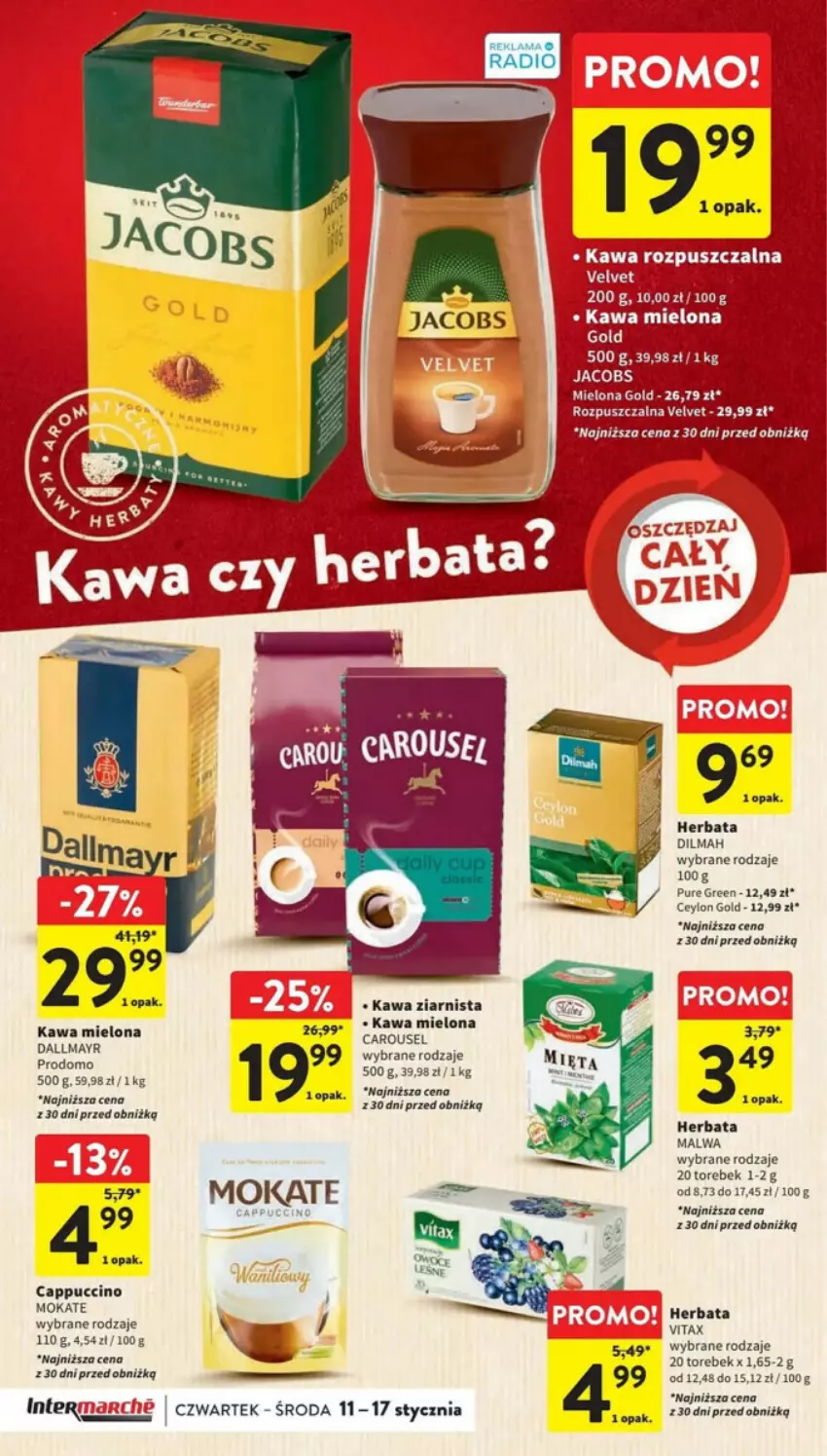 Gazetka promocyjna Intermarche - ważna 11.01 do 17.01.2024 - strona 19 - produkty: Cappuccino, Dilmah, Herbata, Kawa, Kawa mielona, Kawa ziarnista, Pur