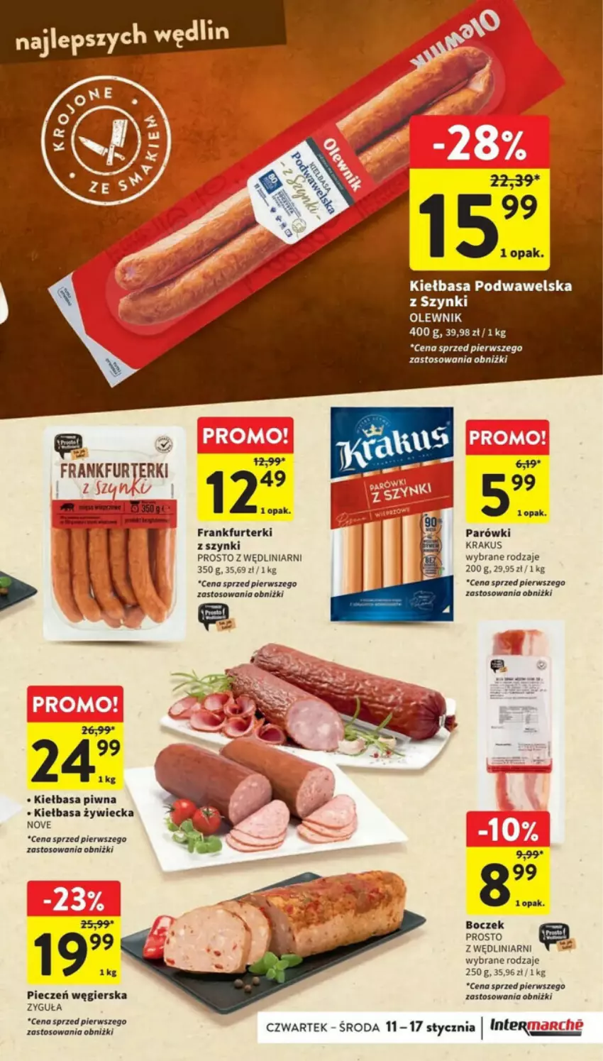 Gazetka promocyjna Intermarche - ważna 11.01 do 17.01.2024 - strona 9 - produkty: Boczek, Fa, Frankfurterki, Kiełbasa, Kiełbasa piwna, Kiełbasa podwawelska, Krakus, Olewnik, Parówki, Piec, Wawel