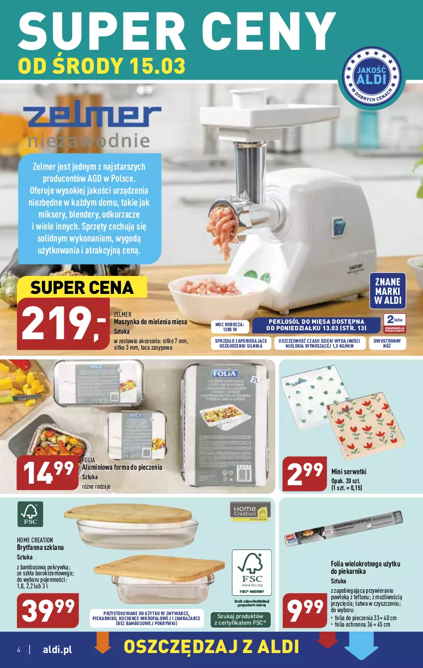 Gazetka promocyjna Aldi - COŚ na przyszły tydzień - ważna 15.03 do 18.03.2023 - strona 4 - produkty: Blender, Fa, Folia aluminiowa, Forma do pieczenia, LANA, Maszynka, Maszynka do mielenia, Mikser, Odkurzacz, Odkurzacze, Piec, Piekarnik, Ser, Serwetki, Sitko, Sok, Sól, Szynka, Taca, Zelmer