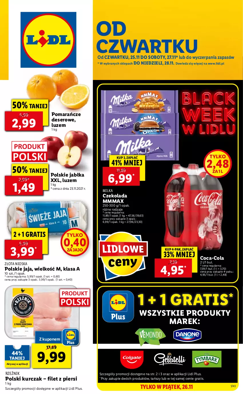 Gazetka promocyjna Lidl - GAZETKA OD 25.11 DO 28.11 - ważna 25.11 do 28.11.2021 - strona 1 - produkty: Coca-Cola, Czekolada, Deser, Gra, Jabłka, Jaja, Kurczak, Milka, Pomarańcze, Ser