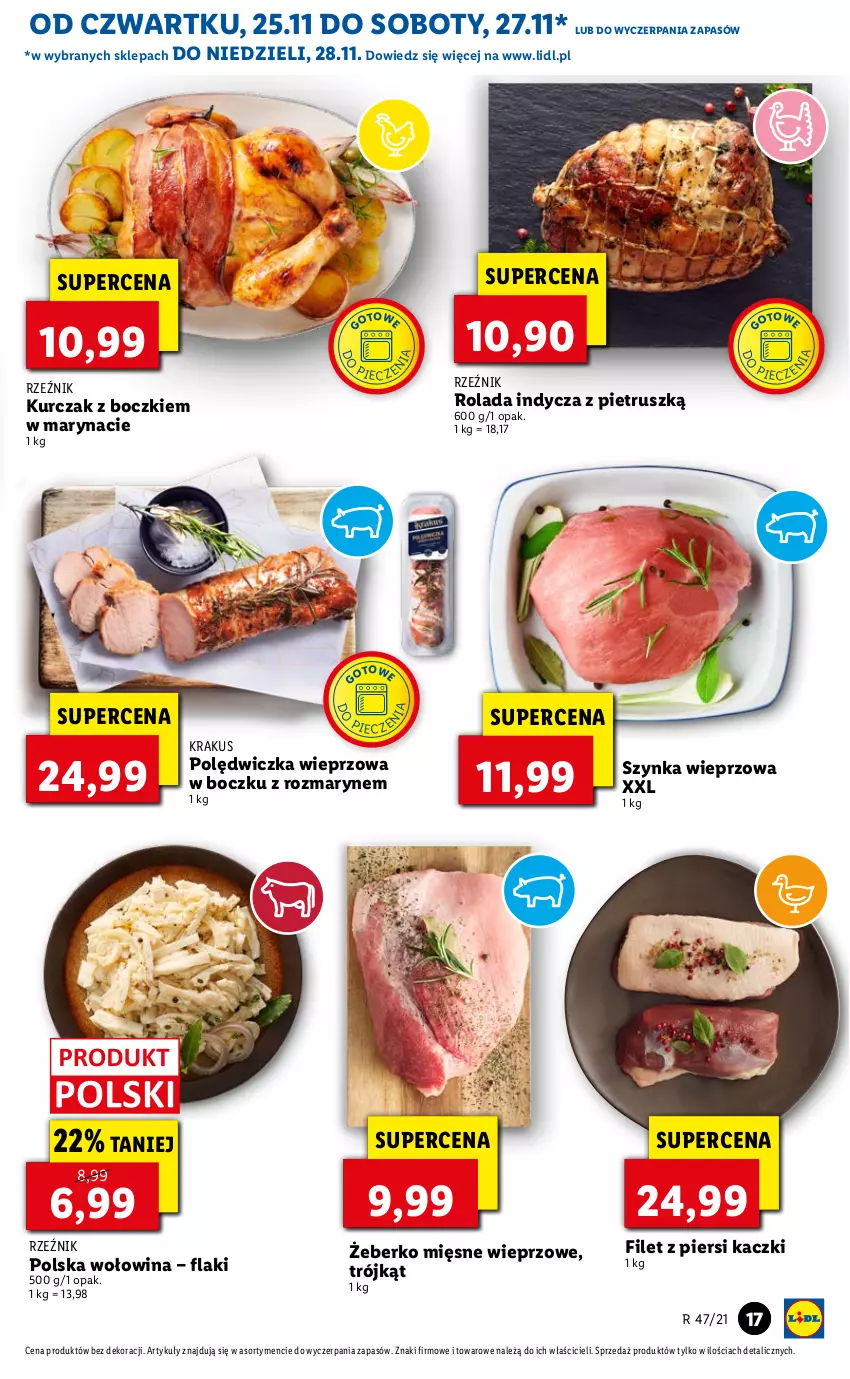 Gazetka promocyjna Lidl - GAZETKA OD 25.11 DO 28.11 - ważna 25.11 do 28.11.2021 - strona 17 - produkty: Filet z piersi kaczki, Flaki, Krakus, Kurczak, Polędwiczka wieprzowa, Rolada, Szynka, Szynka wieprzowa, Wołowina