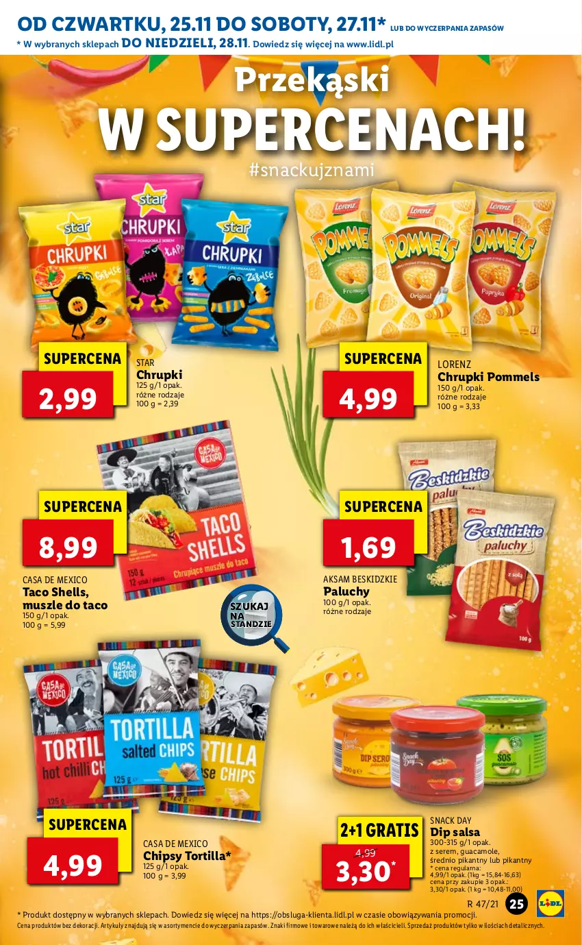 Gazetka promocyjna Lidl - GAZETKA OD 25.11 DO 28.11 - ważna 25.11 do 28.11.2021 - strona 25 - produkty: Aksam, Amol, Beskidzki, Chipsy, Chrupki, Gra, Lorenz, Mus, Salsa, Ser, Tortilla